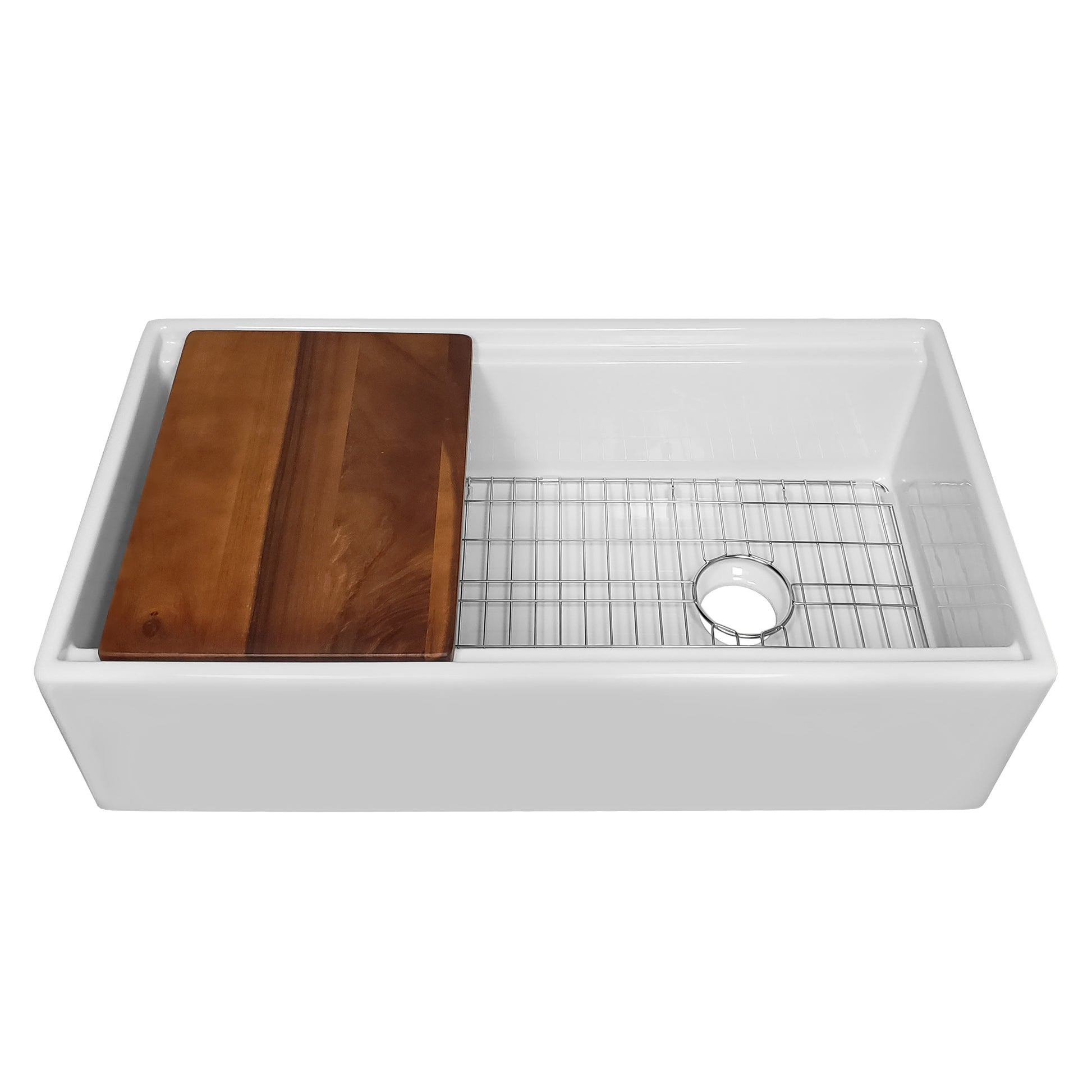 Whitehaus Collection Single Bowl Fireclay Sink Set with a Smooth Front Apron, Walnut Wood Cutting Board and Stainless Steel Grid