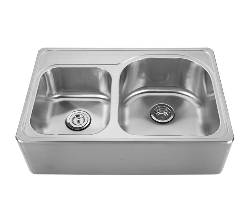 Brushed Stainless Steel Double Bowl Drop-In Sink with a Seamless Customized Front apron