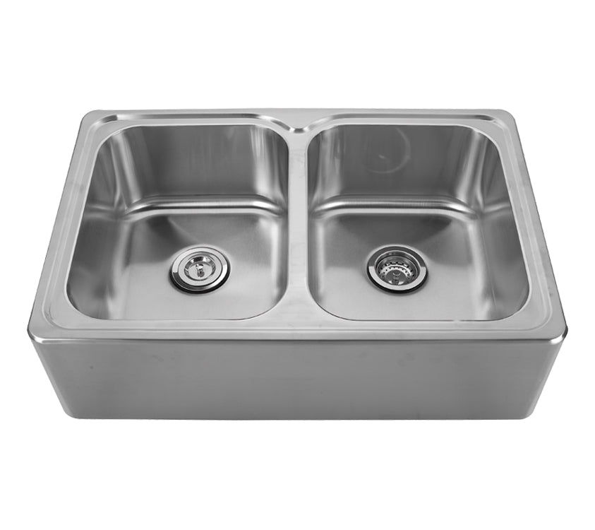 Brushed Stainless Steel Double Bowl Drop-In Sink with a Seamless Customized Front apron