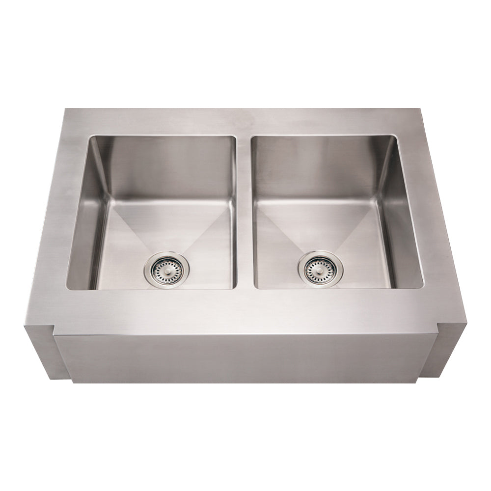 Brushed Stainless Steel Commercial Double Bowl Sink with a Notched Front Apron