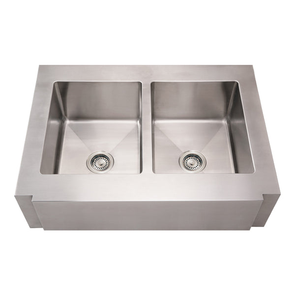 Brushed Stainless Steel Commercial Double Bowl Sink with a Notched Front Apron