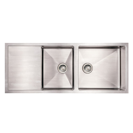 Brushed Stainless Steel Commercial Double Bowl Sink with an Integral Drain Board