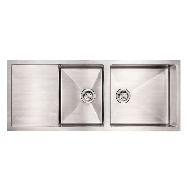 Brushed Stainless Steel Commercial Double Bowl Sink with an Integral Drain Board