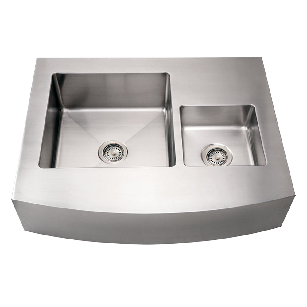 Brushed Stainless Steel Commercial Double Bowl Sink with an arched Front Apron