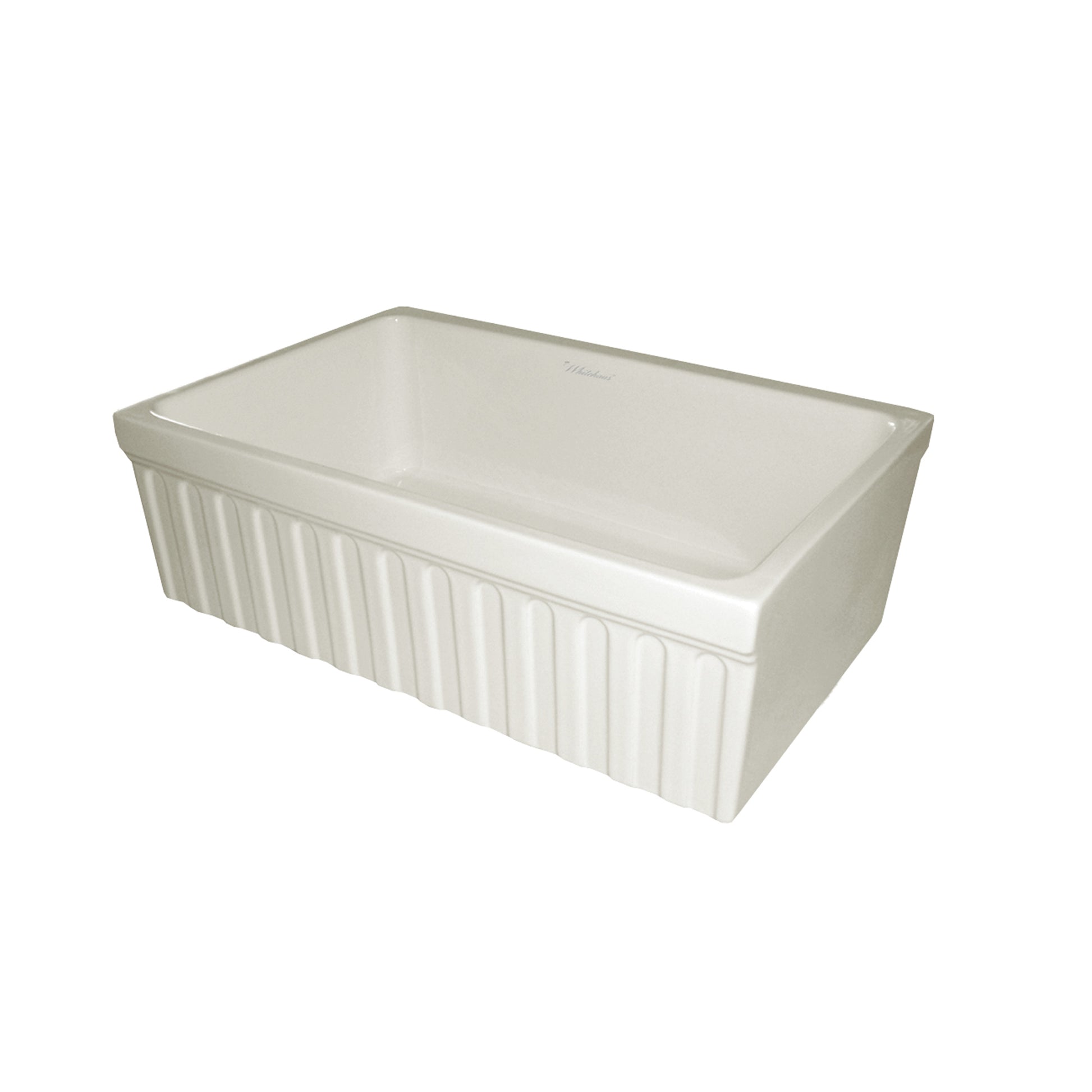 Farmhaus Fireclay Sink with a Fluted Front Apron and 2 1/2" Lip on One Side and 2" Lip on the Opposite Side