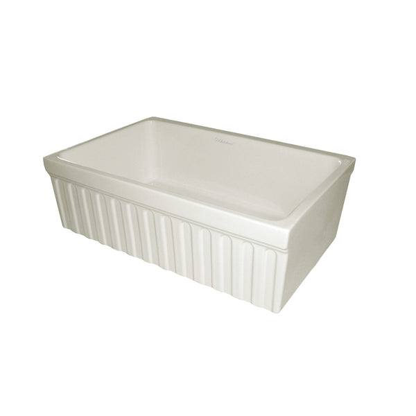 Farmhaus Fireclay Sink with a Fluted Front Apron and 2 1/2 Lip on One Side and 2 Lip on the Opposite Side