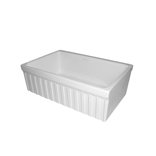 Farmhaus Fireclay Sink with a Fluted Front Apron and 2 1/2" Lip on One Side and 2" Lip on the Opposite Side