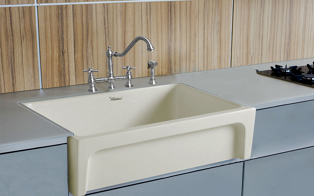 Fireclay Sink with Elegant Beveled Front Apron on One Side  2" Lip Plain on Opposite Side