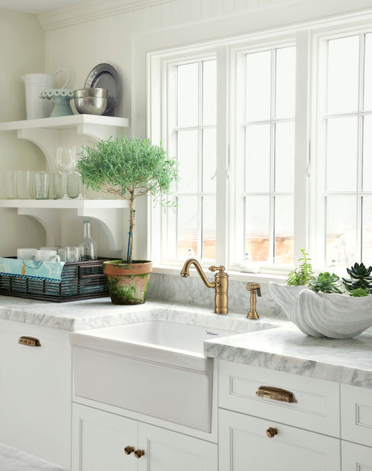 Fireclay Sink with Elegant Beveled Front Apron on One Side  2" Lip Plain on Opposite Side