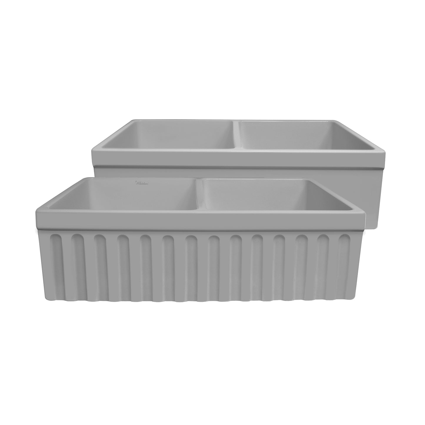 Farmhaus Matte Double Bowl  Fireclay Kitchen Sink with Fluted  2" Lip Front Apron on One Side and a 2 ½" Lip Plain on the Opposite Side 