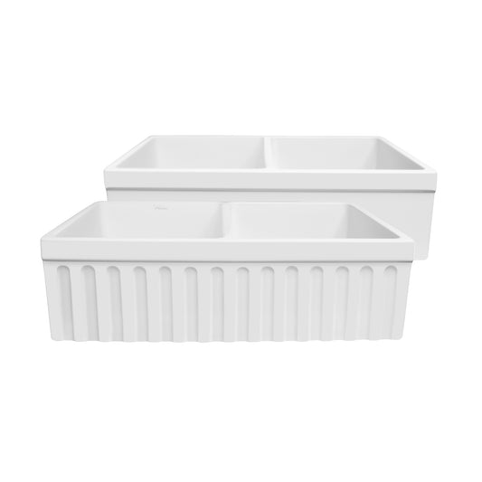 Farmhaus Matte Double Bowl  Fireclay Kitchen Sink with Fluted  2" Lip Front Apron on One Side and a 2 ½" Lip Plain on the Opposite Side 