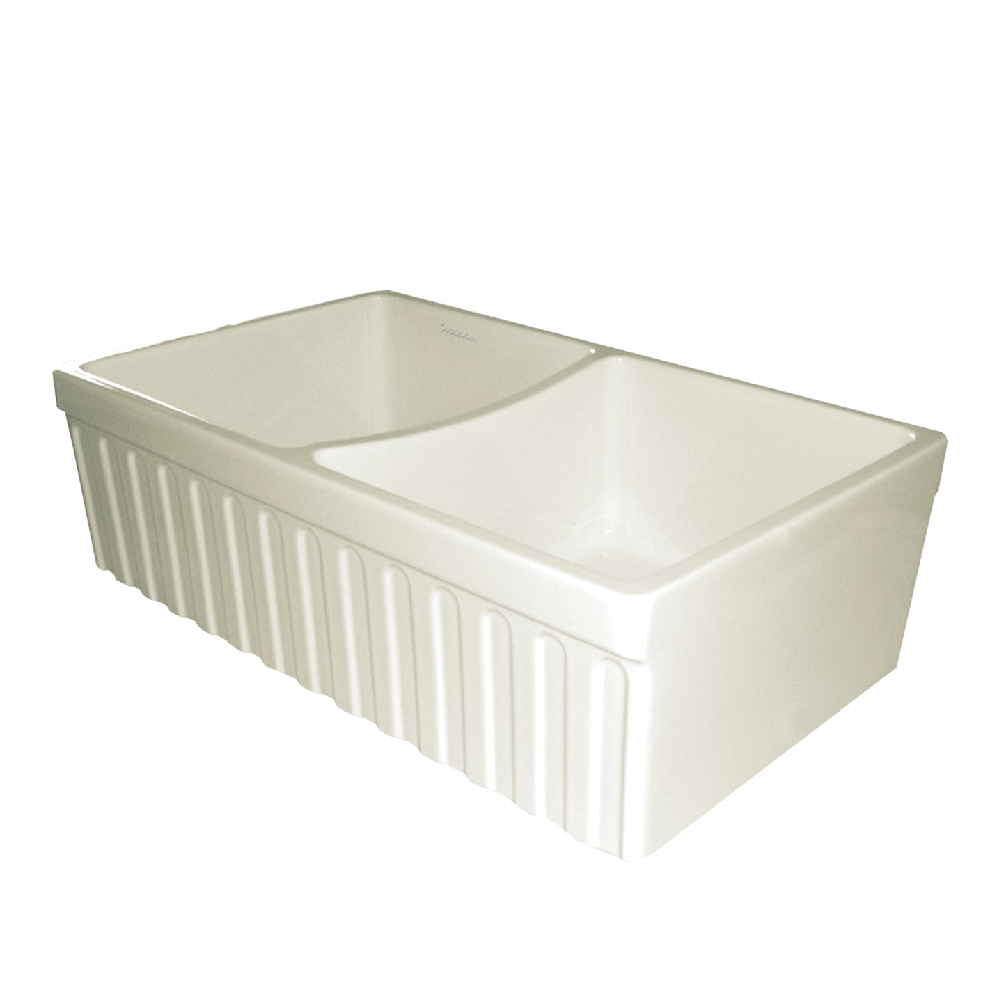 Farmhaus Fireclay Double Bowl Sink with a Fluted Front Apron and 2" Lip on One Side and 2 ½" Lip on the Opposite Side