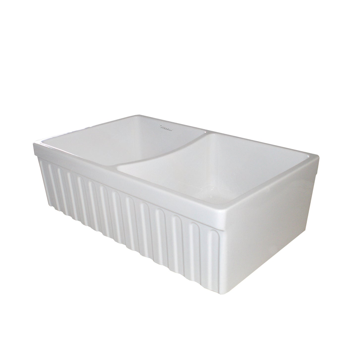 Farmhaus Fireclay Double Bowl Sink with a Fluted Front Apron and 2" Lip on One Side and 2 ½" Lip on the Opposite Side