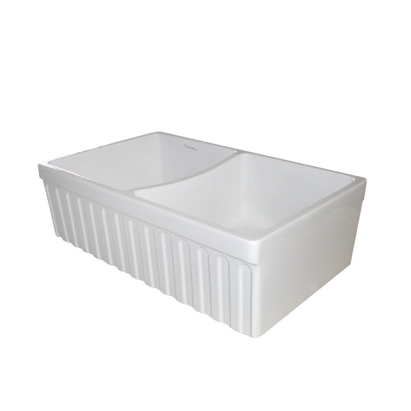 Farmhaus Fireclay Double Bowl Sink with a Fluted Front Apron and 2 Lip on One Side and 2 ½ Lip on the Opposite Side