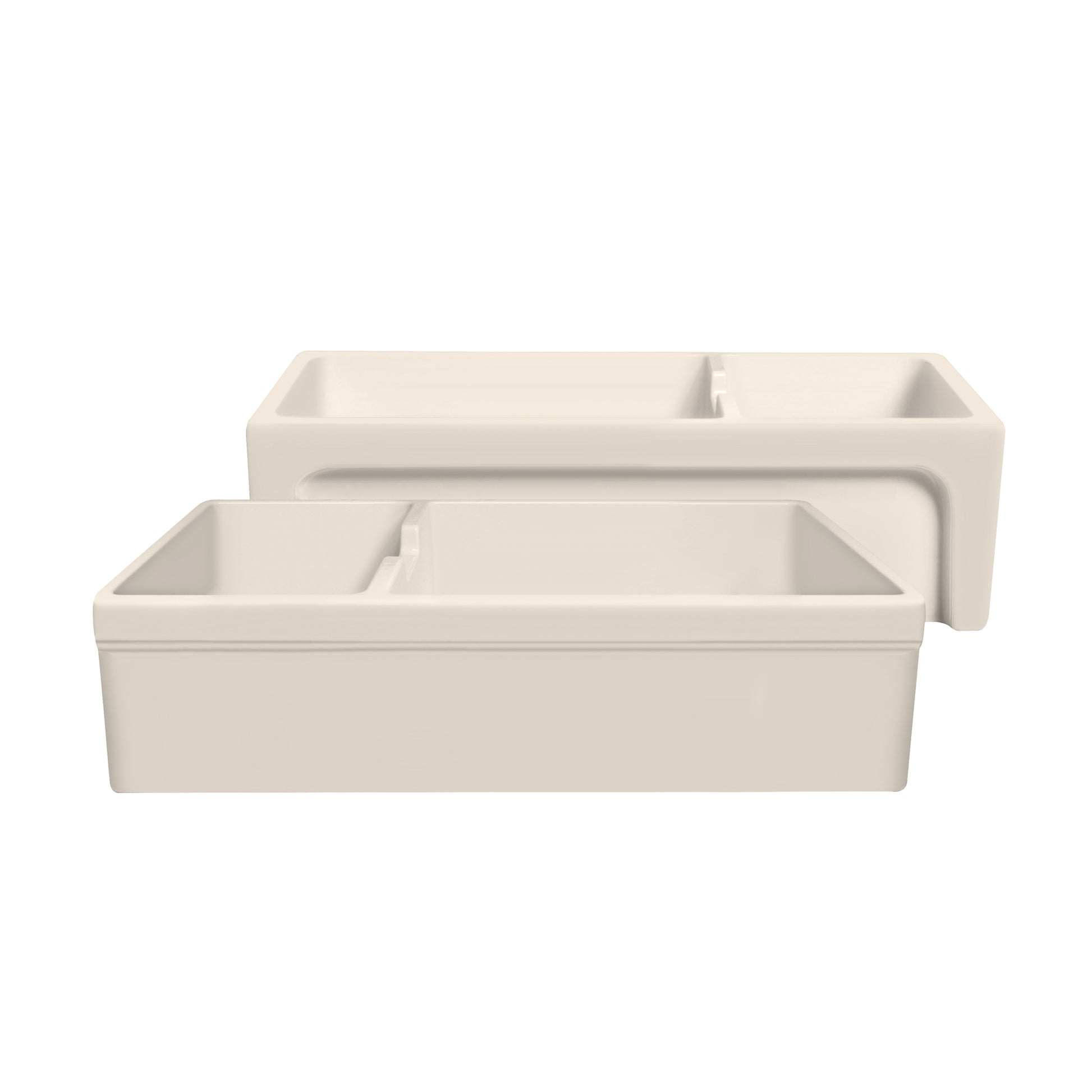 Fireclay Large Double Bowl  Sink with an Elegant Beveled Front Apron on One Side and a Lip on the Opposite Side