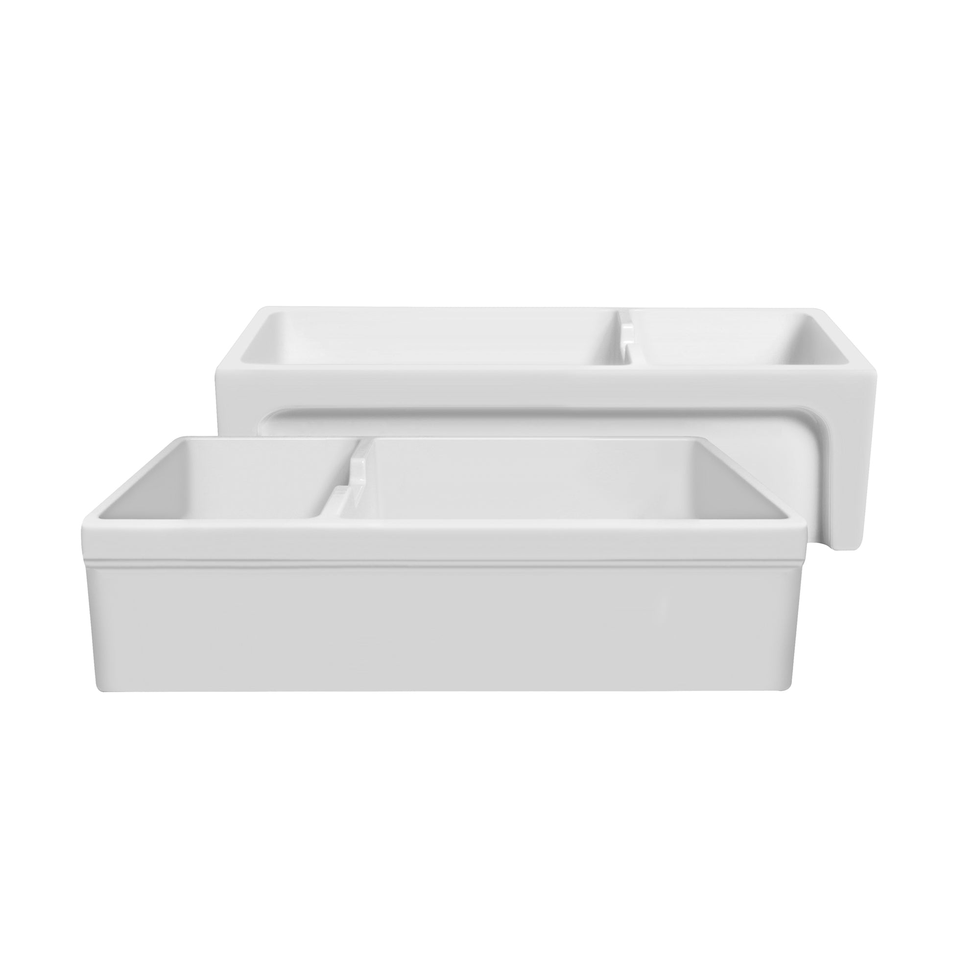 Fireclay Large Double Bowl  Sink with an Elegant Beveled Front Apron on One Side and a Lip on the Opposite Side