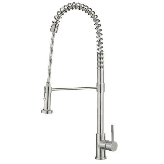 Waterhaus Lead Free Solid Stainless Steel Commerical Single-Hole Faucet with Flexible Pull Down Spray Head, Swivel Spout Support Bar and Solid Lever Handle 