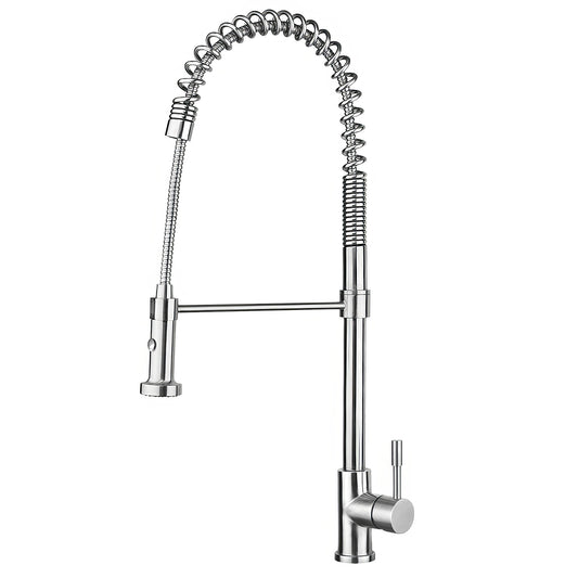 Waterhaus Lead Free Solid Stainless Steel Commerical Single-Hole Faucet with Flexible Pull Down Spray Head, Swivel Spout Support Bar and Solid Lever Handle 