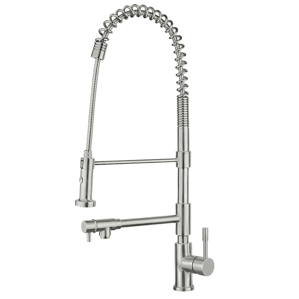Waterhaus Lead Free Solid Stainless Steel Commerical Single-Hole Faucet with Flexible Pull Down Spray Head, Swivel Support Bar and 2 Control Levers 
