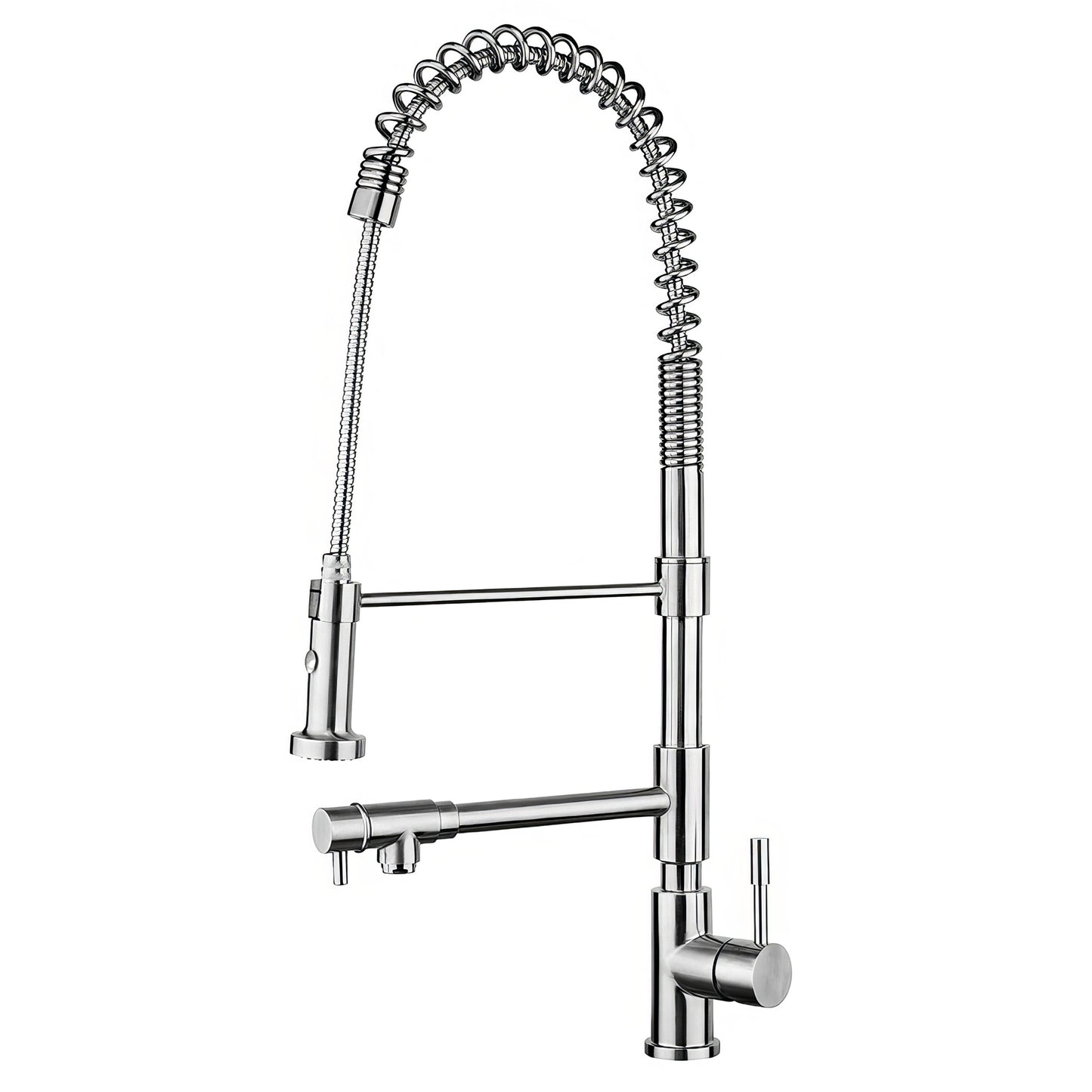 Waterhaus Lead Free Solid Stainless Steel Commerical Single-Hole Faucet with Flexible Pull Down Spray Head, Swivel Support Bar and 2 Control Levers 