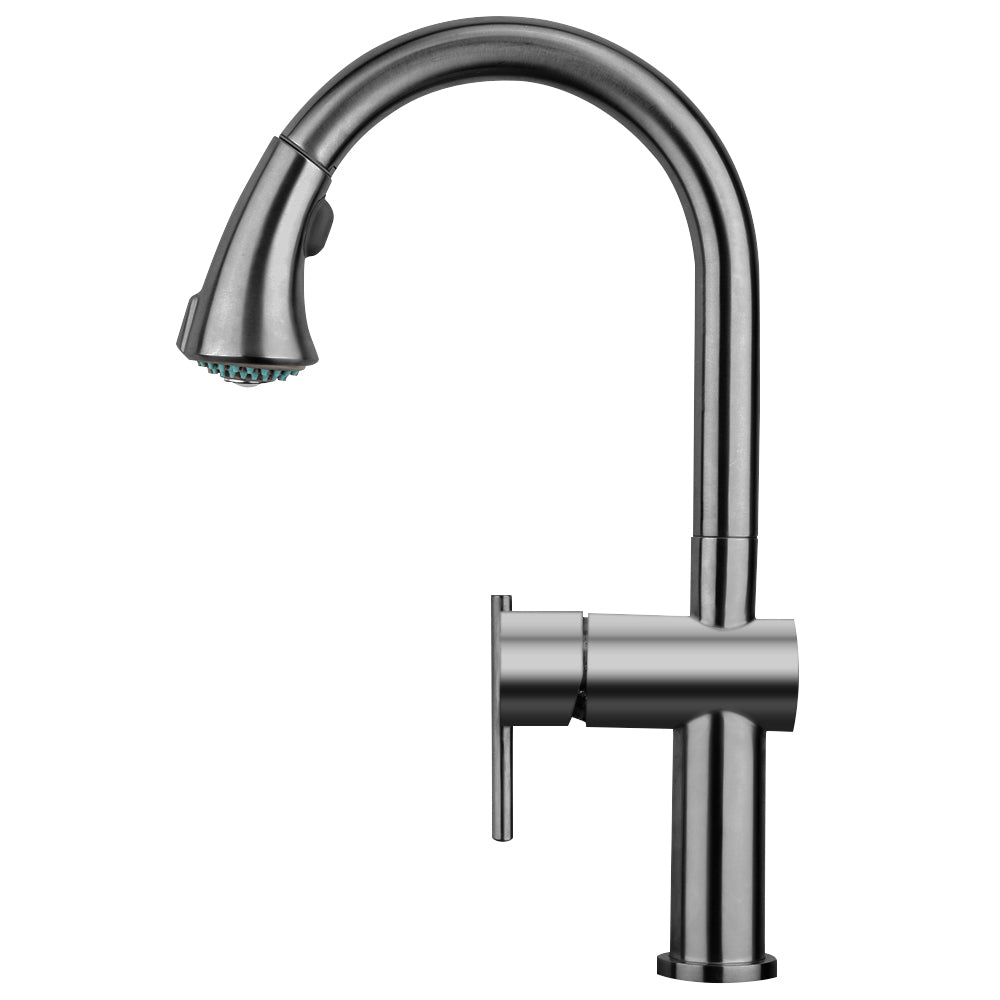 Waterhaus Lead Free Solid Stainless Steel Single-Hole Faucet with Gooseneck Swivel Spout, Pull Down Spray Head and Solid Lever Handle 