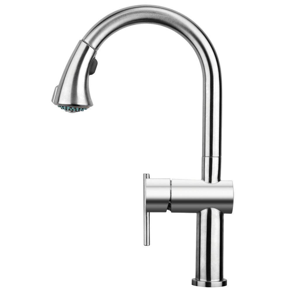 Waterhaus Lead Free Solid Stainless Steel Single-Hole Faucet with Gooseneck Swivel Spout Pull Down Spray Head and Solid Lever Handle 