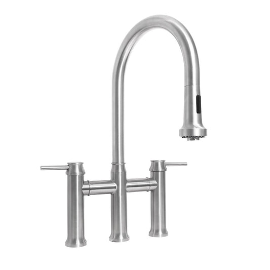 Waterhaus Lead-Free Solid Stainless Steel Bridge Faucet with aGooseneck Swivel Spout, Pull Down Spray Head and Solid Lever Handles