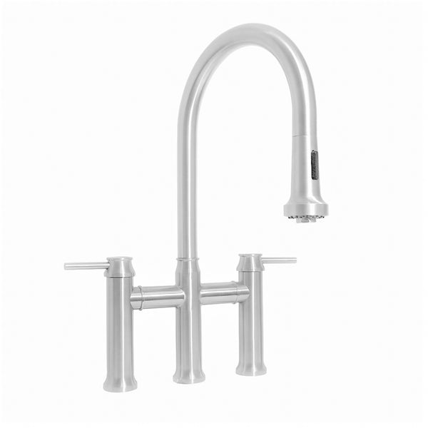 Waterhaus Lead-Free Solid Stainless Steel Bridge Faucet with aGooseneck Swivel Spout, Pull Down Spray Head and Solid Lever Handles