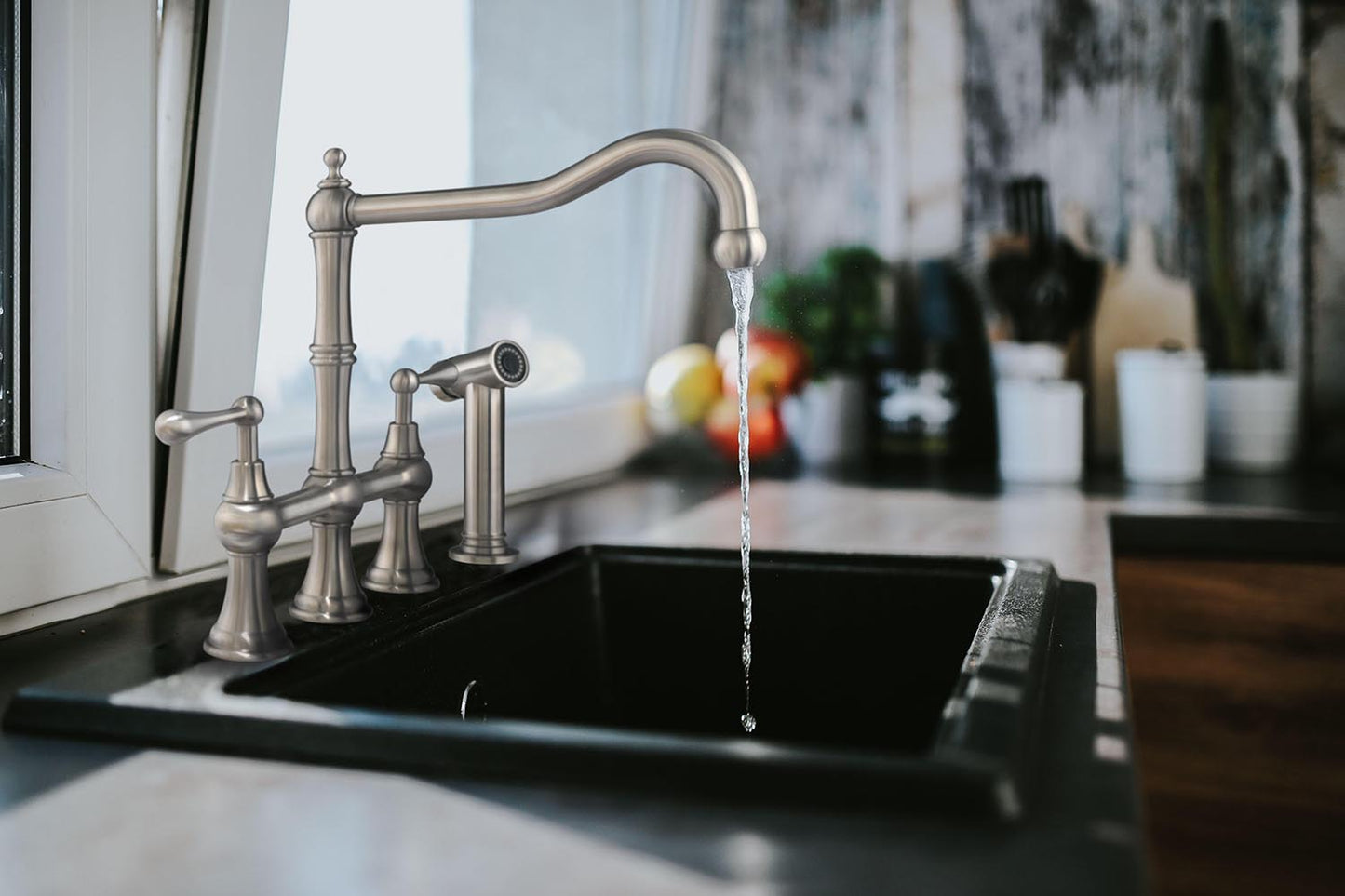 Waterhaus Lead-Free Solid Stainless Steel Bridge Faucet with aTraditional Spout, Lever Handles and Side Spray