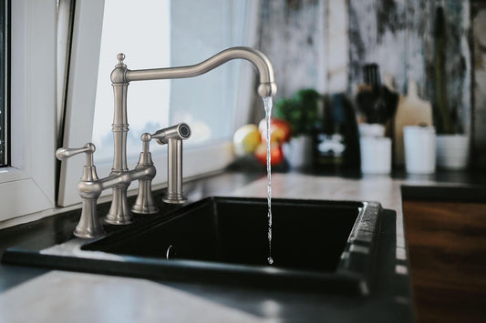 Waterhaus Lead-Free Solid Stainless Steel Bridge Faucet with aTraditional Spout, Lever Handles and Side Spray