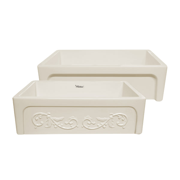 St. Ives Front Apron Fireclay Sink with an Intricate Vine Design on One Side and an Elegant Plain Beveled Front Apron on the Opposite Side