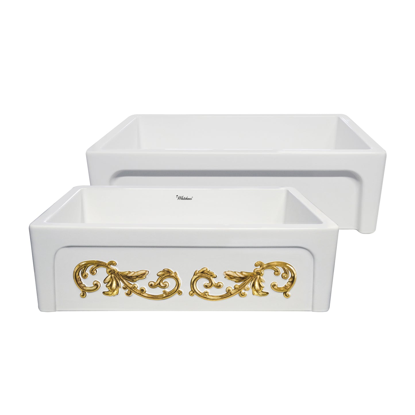 St. Ives Ornamental Fireclay Kitchen Sink with  Intricate Embossed Vine Design Front Apron on One Side and an Elegant Beveled Front Apron on the Opposite Side