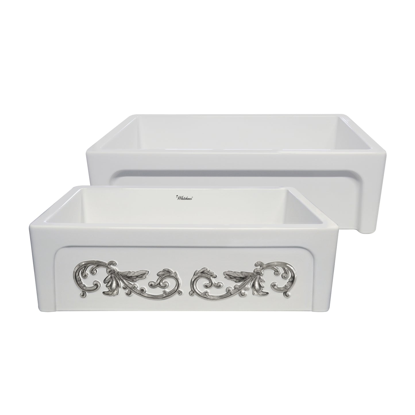 St. Ives Ornamental Fireclay Kitchen Sink with  Intricate Embossed Vine Design Front Apron on One Side and an Elegant Beveled Front Apron on the Opposite Side