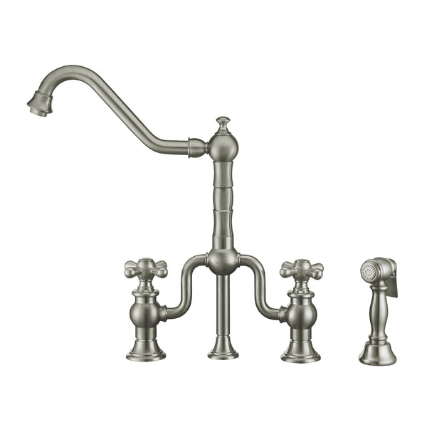 Twisthaus Plus Bridge Faucet with Long Traditional Swivel Spout, Cross Handles and Solid Brass Side Spray