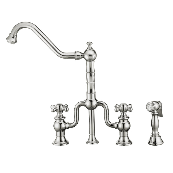 Twisthaus Plus Bridge Faucet with Long Traditional Swivel Spout, Cross Handles and Solid Brass Side Spray