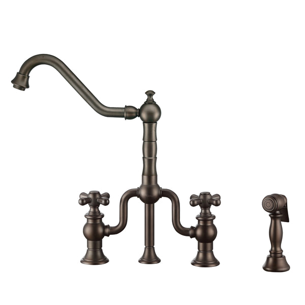 Twisthaus Plus Bridge Faucet with Long Traditional Swivel Spout, Cross Handles and Solid Brass Side Spray