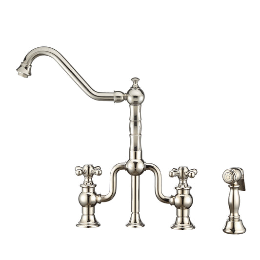 Twisthaus Plus Bridge Faucet with Long Traditional Swivel Spout, Cross Handles and Solid Brass Side Spray