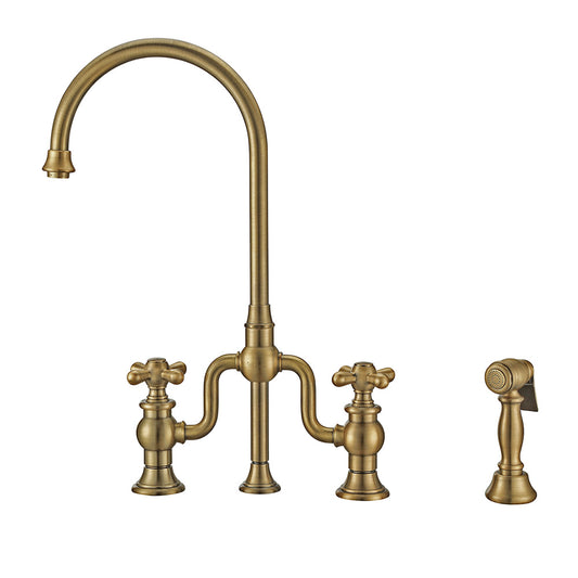 Twisthaus Plus Bridge Faucet with Gooseneck Swivel Spout, Cross Handles and Solid Brass Side Spray