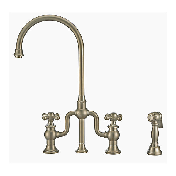 Twisthaus Plus Bridge Faucet with Gooseneck Swivel Spout, Cross Handles and Solid Brass Side Spray