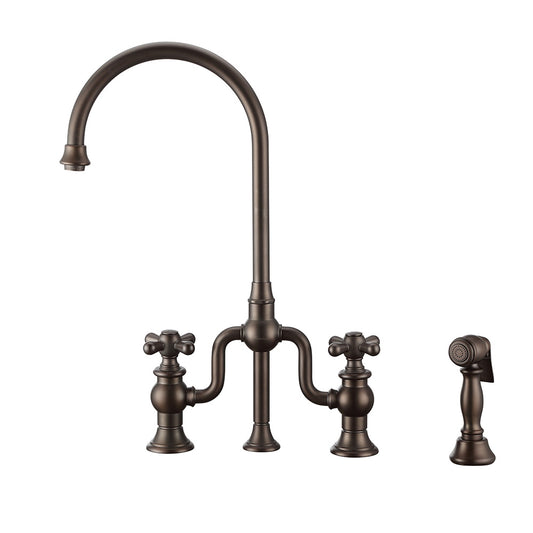 Twisthaus Plus Bridge Faucet with Gooseneck Swivel Spout, Cross Handles and Solid Brass Side Spray