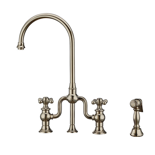 Twisthaus Plus Bridge Faucet with Gooseneck Swivel Spout, Cross Handles and Solid Brass Side Spray