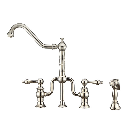 Twisthaus Plus Bridge Faucet with Long Traditional Swivel Spout, Lever Handles and Solid Brass Side Spray