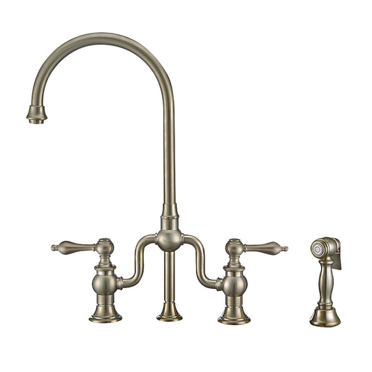 Twisthaus Plus Bridge Faucet with Gooseneck Swivel Spout, Lever Handles and Solid Brass Side Spray