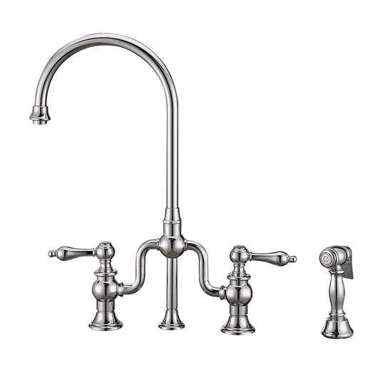 Twisthaus Plus Bridge Faucet with Gooseneck Swivel Spout, Lever Handles and Solid Brass Side Spray