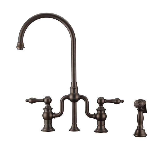 Twisthaus Plus Bridge Faucet with Gooseneck Swivel Spout, Lever Handles and Solid Brass Side Spray