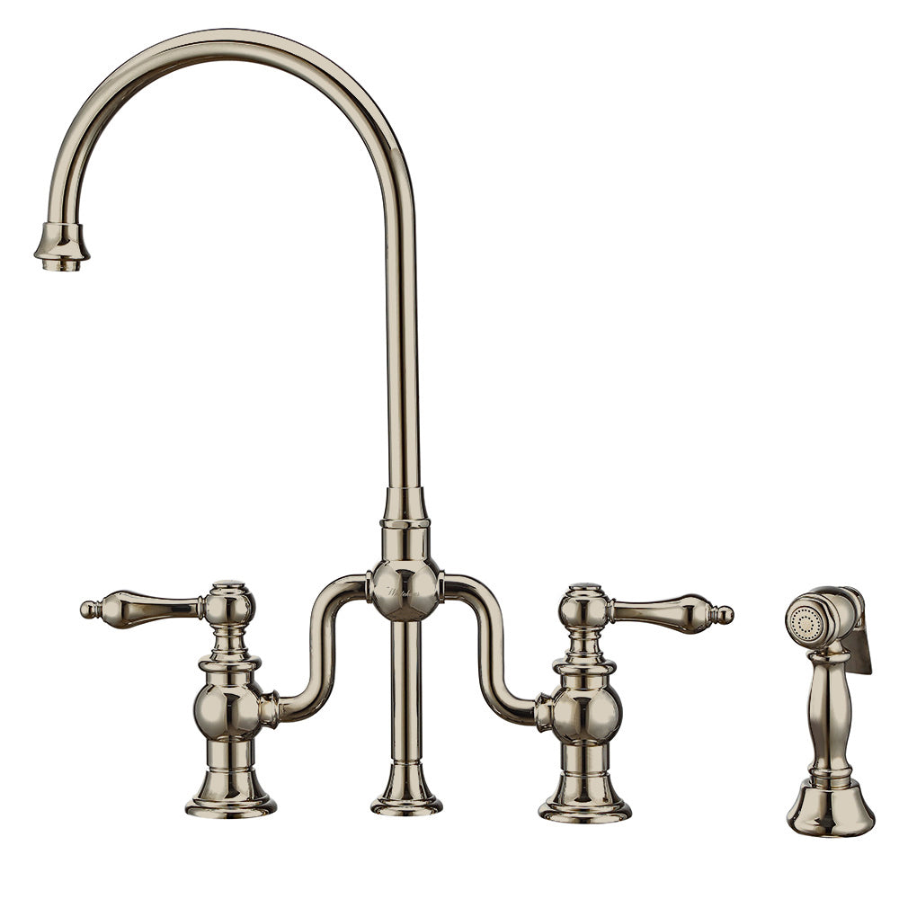 Twisthaus Plus Bridge Faucet with Gooseneck Swivel Spout, Lever Handles and Solid Brass Side Spray