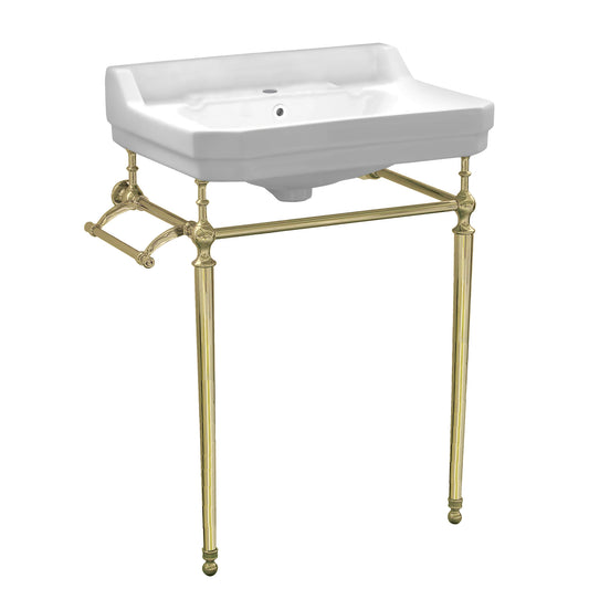 Victoriahaus console with integrated rectangular bowl with single hole drill, Polished Brass leg support, interchangable towel bar, backsplash and overflow  