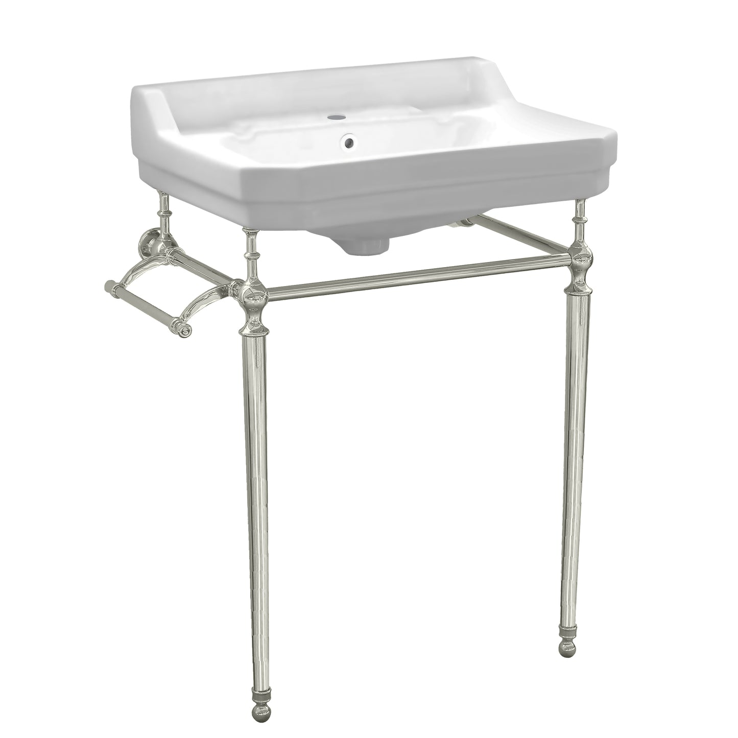 Victoriahaus console with integrated rectangular bowl with single hole drill, Polished Nickel leg support, interchangable towel bar, backsplash and overflow  