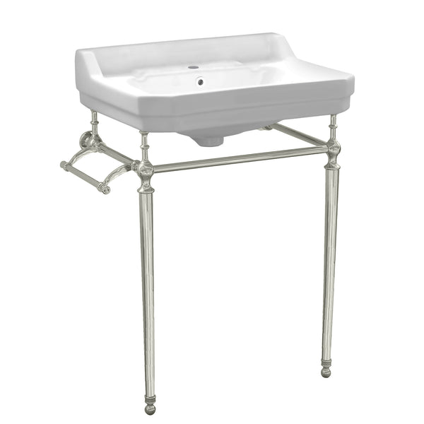 Victoriahaus console with integrated rectangular bowl with single hole drill, Polished Nickel leg support, interchangable towel bar, backsplash and overflow  