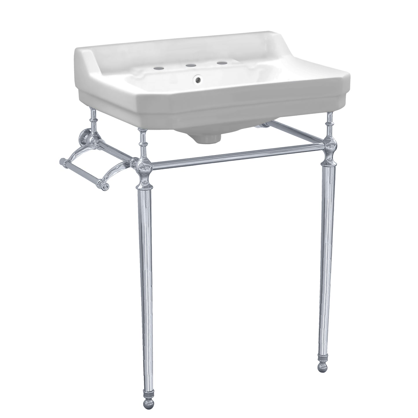 Victoriahaus console with integrated rectangular bowl with widespread hole drill, polished chrome leg support, interchangable towel bar, backsplash and overflow  